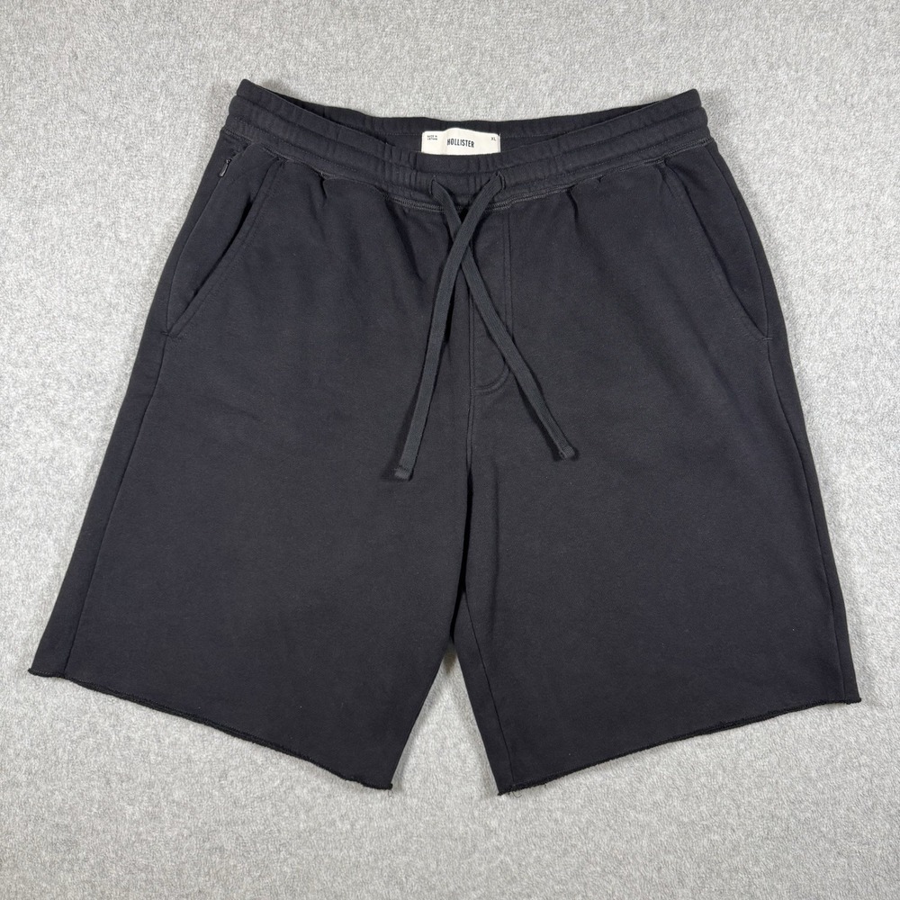 Hollister Men's Sweat Shorts XL Black Drawstring Raw Hem Zip Pocket Knit Casual
